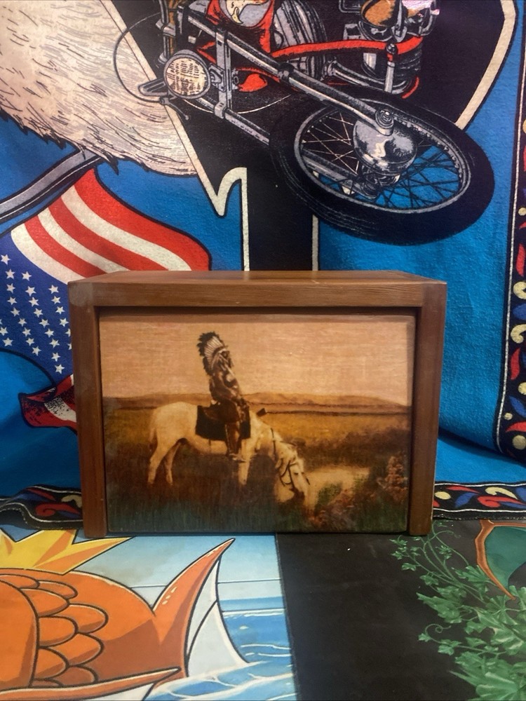 VTG Edward Curtis Native American Handmade Oasis Of The Badlands Wooden Box