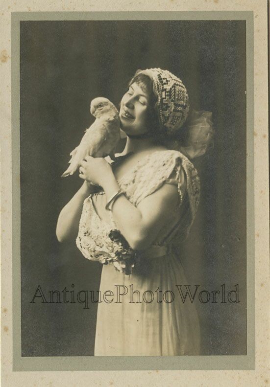Beautiful actress wiht parrot bird parakeet antique pho