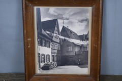 Framed Black & White Photo European Village Street Scene Architecture Wood Frame