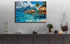 Beach Paradise Wall Art, Tropical Overwater Bungalows Painting, Coastal Seascape