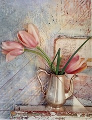 VTG Art Still Life Photo Print Tulips & Antique Brass Pitcher Framed/Matted VG