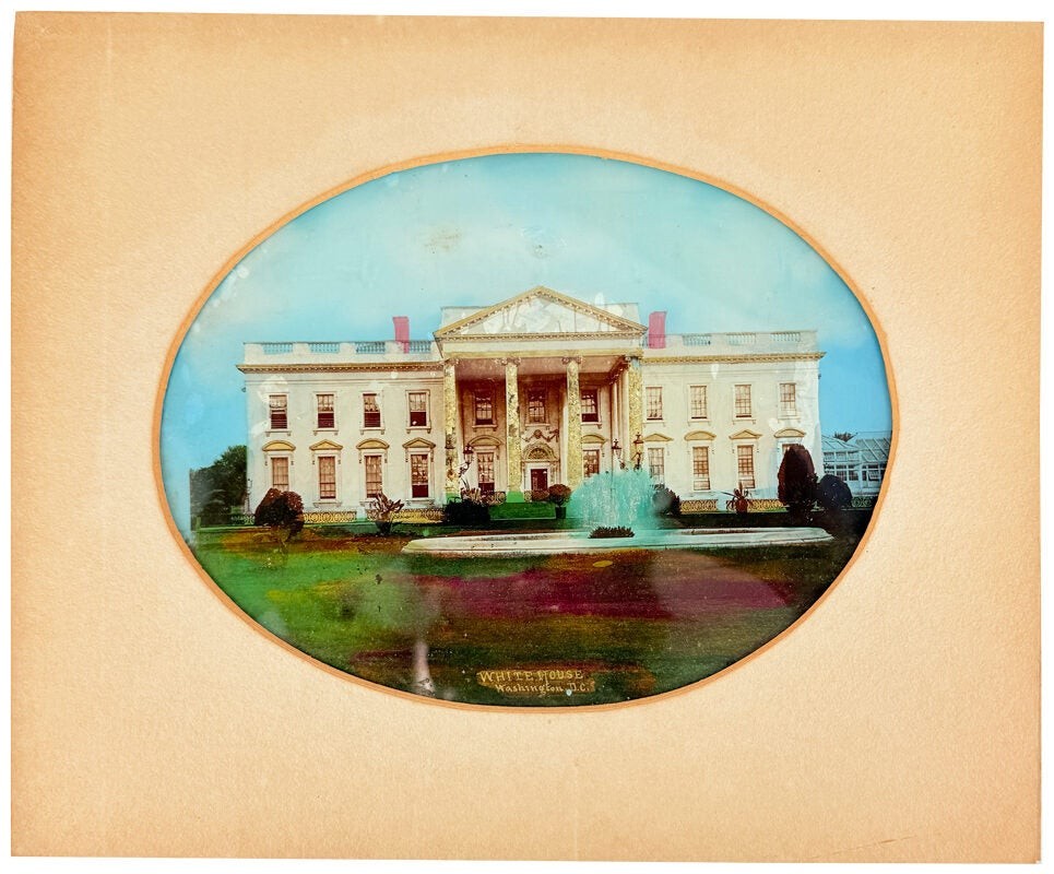 The White House: Hand-painted glass photograph / ca. 1870s