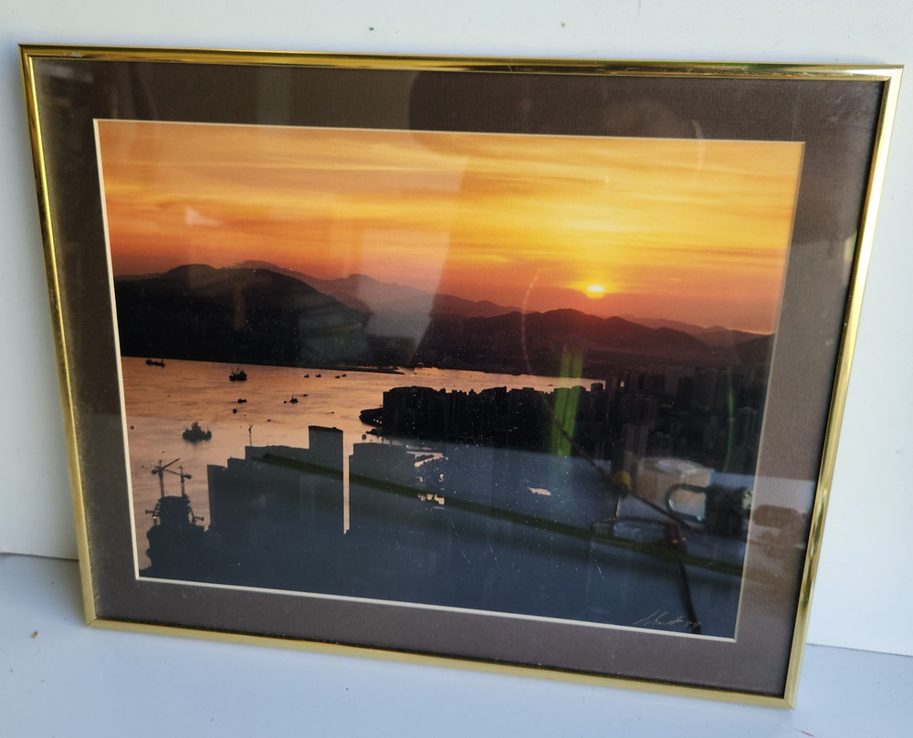 Hong Kong Harbour At Dawn From The Peak 1988 Photograph Framed Signed 16″ x 13″