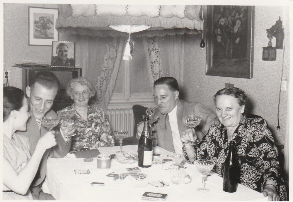 Vintage Photo Family Celebrating Beautiful Ceiling Light Decor 1950s-2
