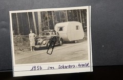 Photo 1960 VW Beetle Caravan Trailer Camper Car Black Forest Woman Man Picture Old