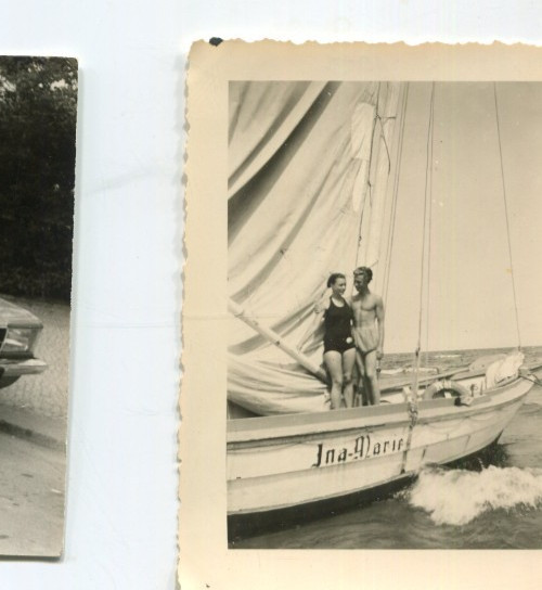 Old photo young couple on sailing ship near Ahlbeck, 1937, 9x6cm