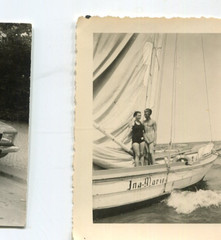 Old photo young couple on sailing ship near Ahlbeck, 1937, 9x6cm