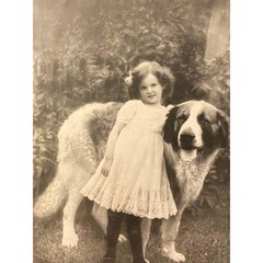 Antique b/w photo late 1800s Girl & Dog «The Old Guard» heavy old wood frame EVC