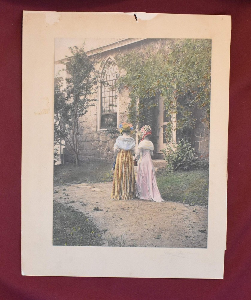 Vintage Colorized Photograph Print of Two Women Walking in a Garden