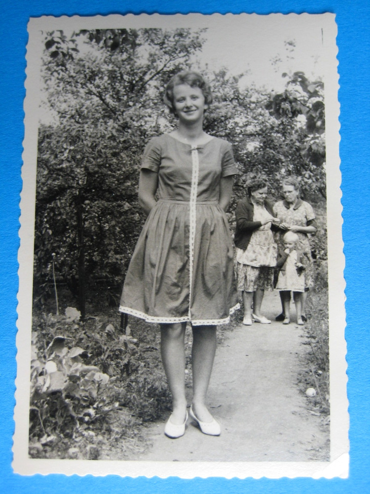 Retro photo GDR pretty woman in dress 1960, original 7 x 10 cm