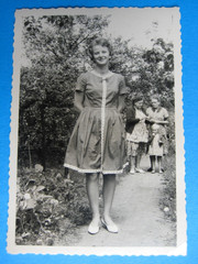 Retro photo GDR pretty woman in dress 1960, original 7 x 10 cm