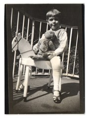 2 Photographs Boy with Toy Horse and Teddy Bear, Teddy Bear, Teddy