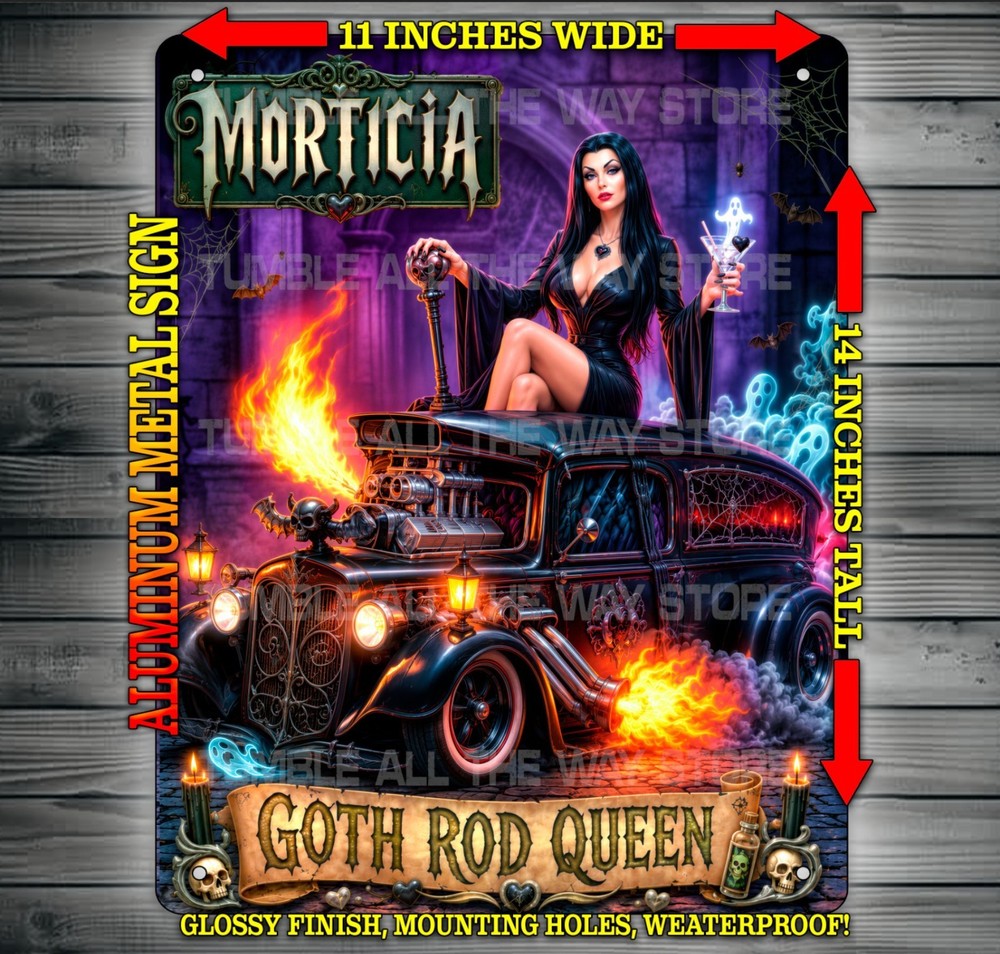 Morticia Sexy Goth Rod Queen Hot Rod Metal Sign Wall Art 14″ x 11″