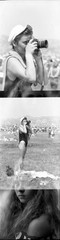 double exposure, ghost, sexy woman working w NIKON photo camera, vintage fine