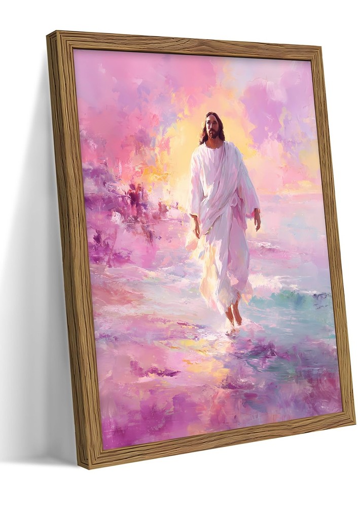 Framed Pink Jesus Wall Art Gifts for Christian, Jesus Walking On Water Canvas…