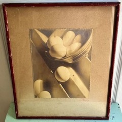Antique Primitive Black & White Photo Of Farm Eggs / Rustic Red Wood Frame 15×13