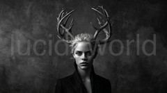 Dark Fantasy Deer Woman Portrait Gothic Wall Art Digital Download B&W AI File
