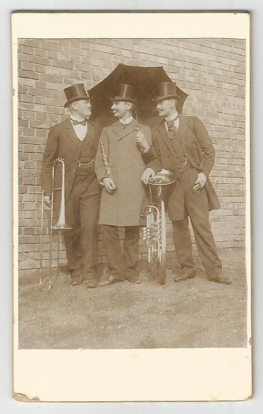 Music, Wind Orchestra, Musicians Under Umbrella, Old Photograph Circa 1900