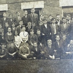 Antique Snapshot Portrait Group of Young Adult Students in front of Building
