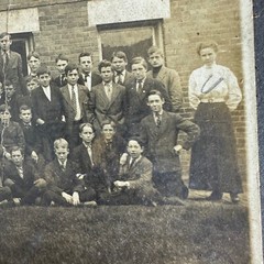 Antique Snapshot Portrait Group of Young Adult Students in front of Building
