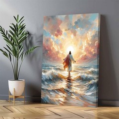 Jesus Walking on Water Canvas Wall Art Jesus Back Waters Reflection Sunset Gl…