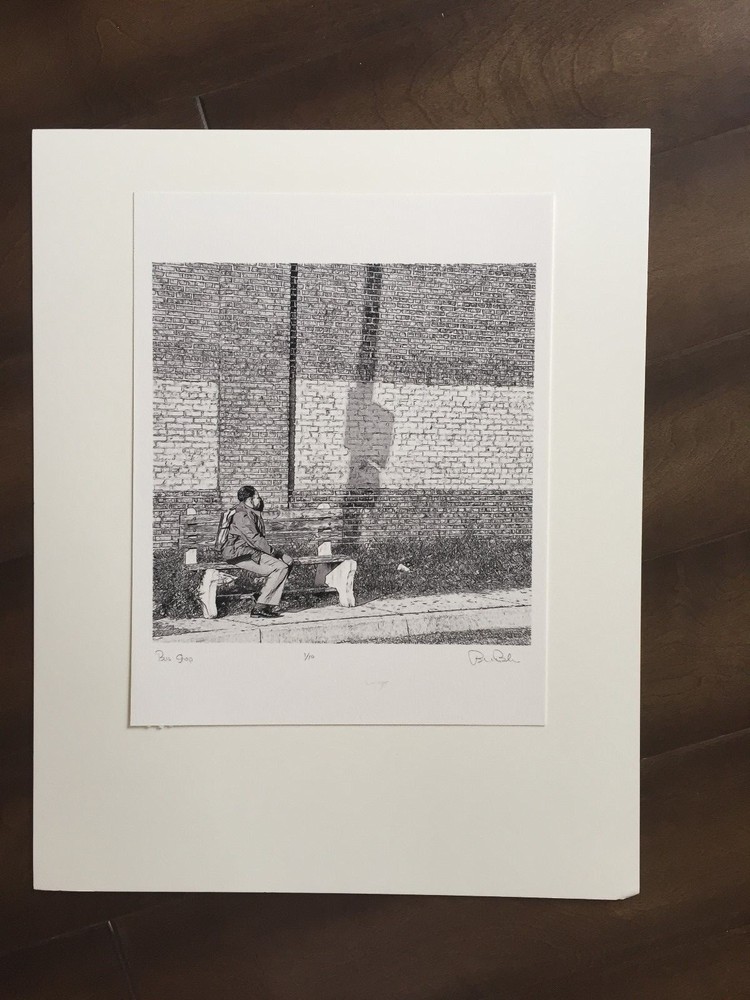 BRUCE BLUM SIGNED B&W Engraving (16″X 20″)-» Bus Stop»