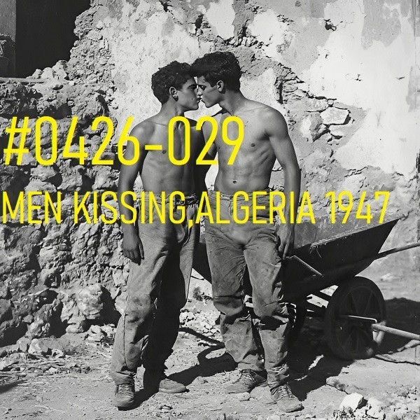 VINTAGE MALE PORTRAIT #0426-029 -men kissing -algeria 1947 -freeShipUS