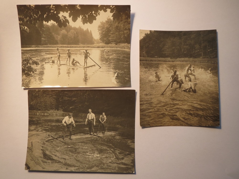 At Leuchtenburg (Thuringia) – Young Men with Raft – 1920s / 3x Photo