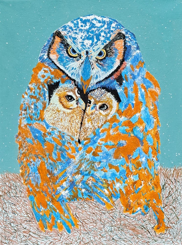 Artwork Photography – «Owl Mom Protecting Owlets» From Acrylic Canvas Painting