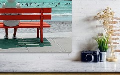 Special Price!!Photograph Solitude on the Beach Red Bench Acrylic Glass 95×95 cm