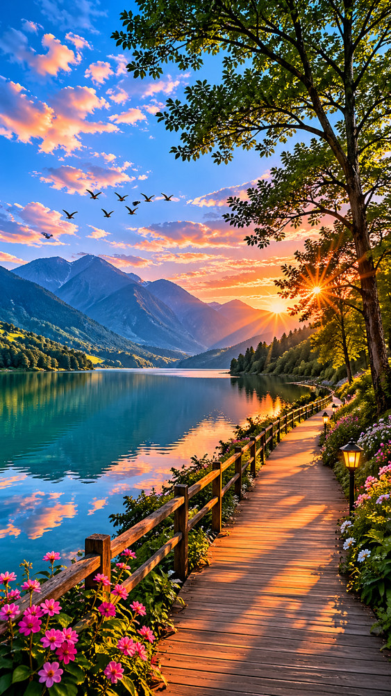 Scenic Mountain Lake Path Sunset Print Nature Landscape Digital Wall Art