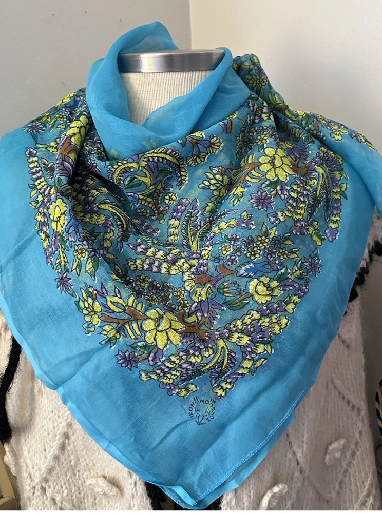 Vintage blue yellow flowers Hand Painted Pure Silk Spring Scarf unique