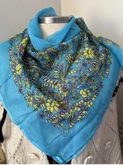 Vintage blue yellow flowers Hand Painted Pure Silk Spring Scarf unique