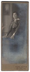 Photograph Hugo Hüttig, Bitterfeld, Ratswall 12a, Brunette Lady Wearing Striped