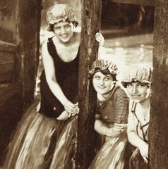 LOT 2x, pretty girls in river, swimsuits, bathing caps, women, water reflection