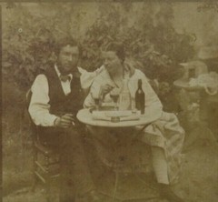 Stereo Albumin View on Cardboard, Couple Posing with Table, circa 1870