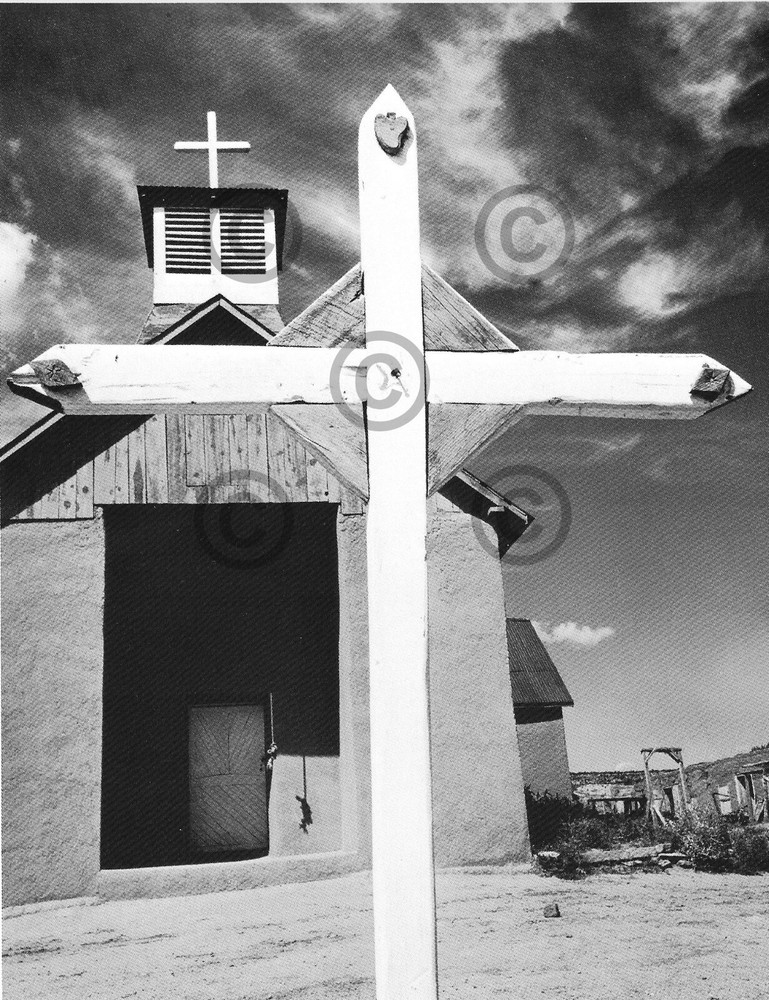 Book Plate Ansel Adams B/W 7.5 X 5.75″ White Cross and church, Coyote, NM, 1960