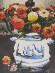 Wallace Nutting Miniature Hand Colored Photo Floral Bouquet Blue & White Pot
