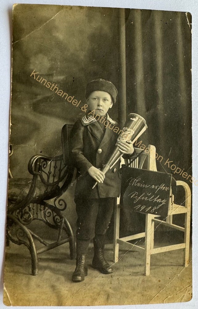 orig. Photo postcard child boy enrolment school bag 1918 first day of school