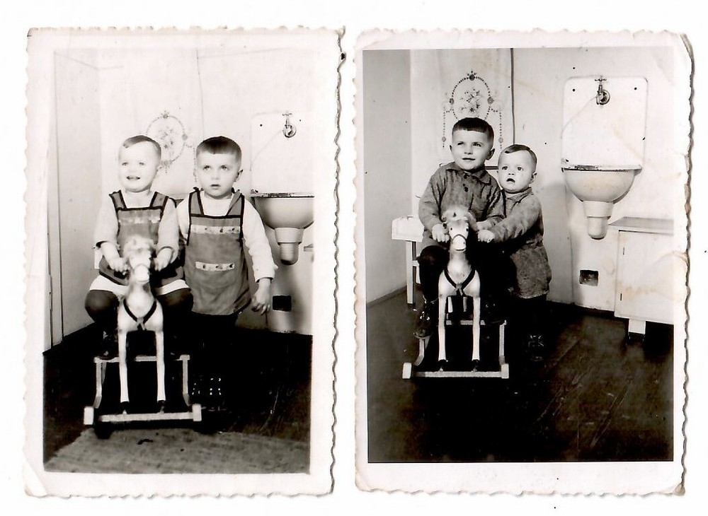 M105- 2x Photo * 2 Little Boys * Rocking Horse * Kitchen Shot 1940s