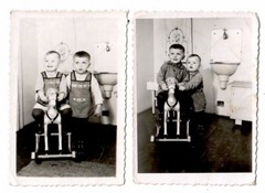 M105- 2x Photo * 2 Little Boys * Rocking Horse * Kitchen Shot 1940s