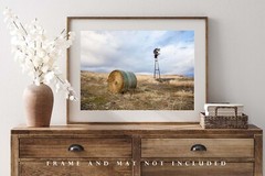 Windmill and Hay Bale Photography Print: Oklahoma, Farm, Prairie, Picture, Photo