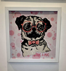 Completed Diamond Art «Painting»/Pink HUG A PUG; in White Plastic Frame! 16″x16»