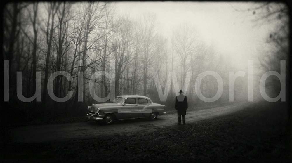 Vintage Car Foggy Forest Noir Mystery Man B&W Photo Digital Download Printable