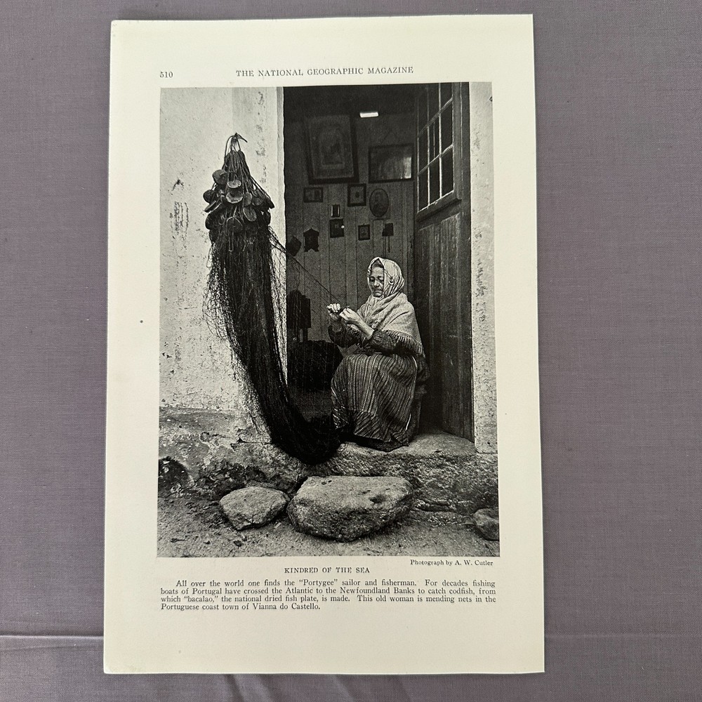 1927 Portuguese Fisherwoman Mending Nets Coastal Life Vintage Art Photograph