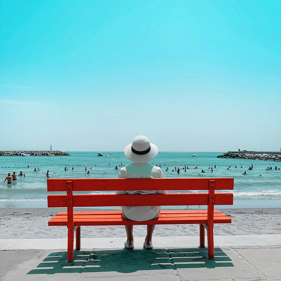 Special Price!!Photograph Solitude on the Beach Red Bench Acrylic Glass 95×95 cm