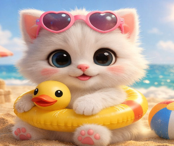 Digital Photo Beach Kitty 🏖️ Cute Fluffy Cat Background HD Wallpaper
