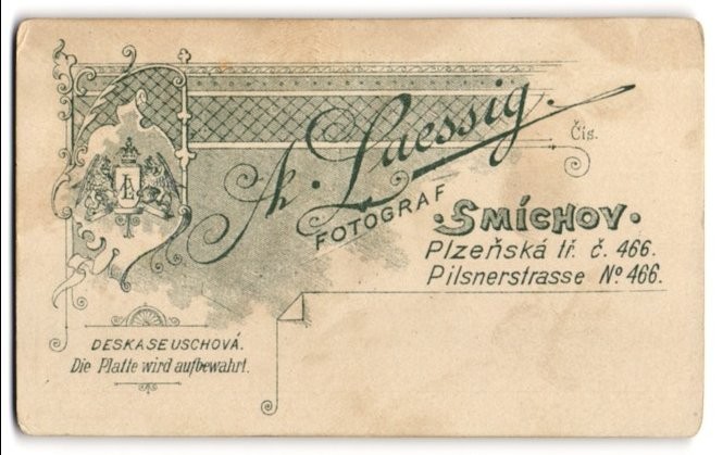Photograph A. Lessig, Smichov, Pilsnerstr. 466, coat of arms with monogram of photo size