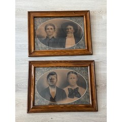 Large Pair of Antique Late 19th Century Wood Framed Family Portraits Wall Decor