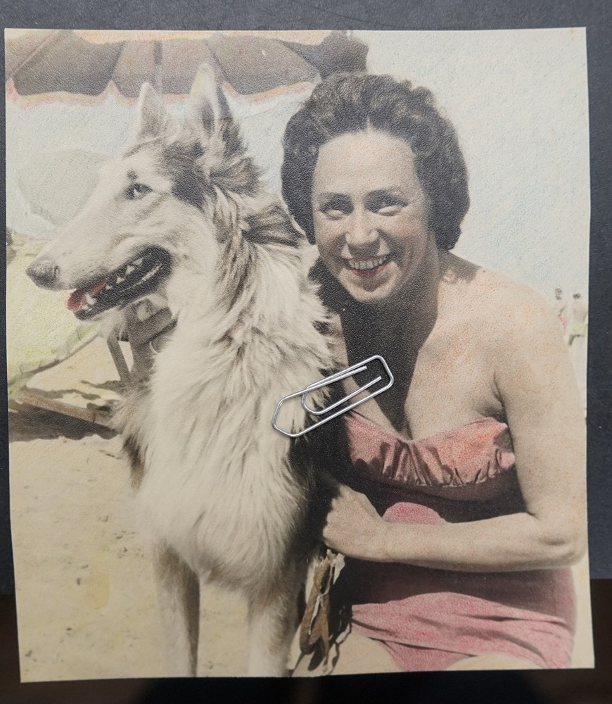 Photo Portrait Woman 1964 Pet Dog Husky Color Colored Swimsuit Dedication